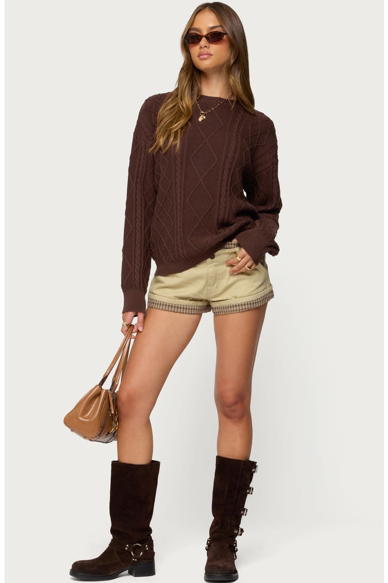 Jessy Oversize Cable Stitch Cotton Sweater, Alternate, color, BROWN