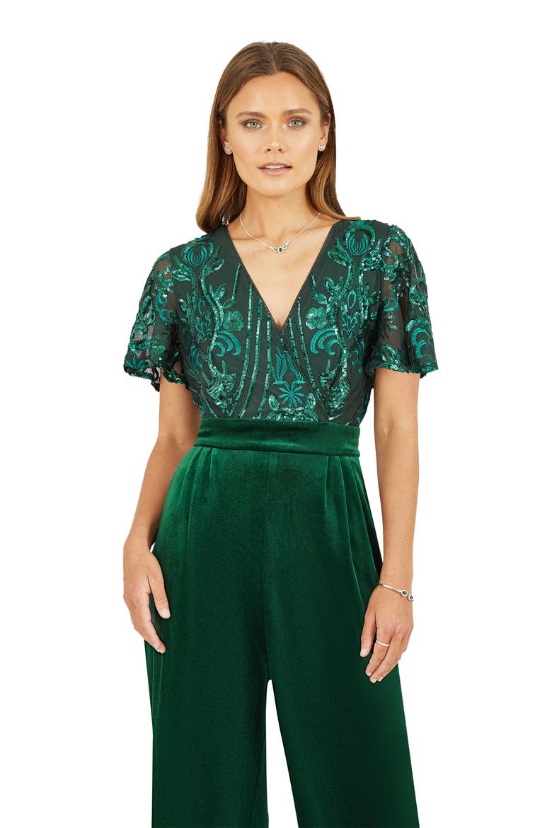 Wrap Sequin Embellished Velvet Jumpsuit, Alternate, color, Green