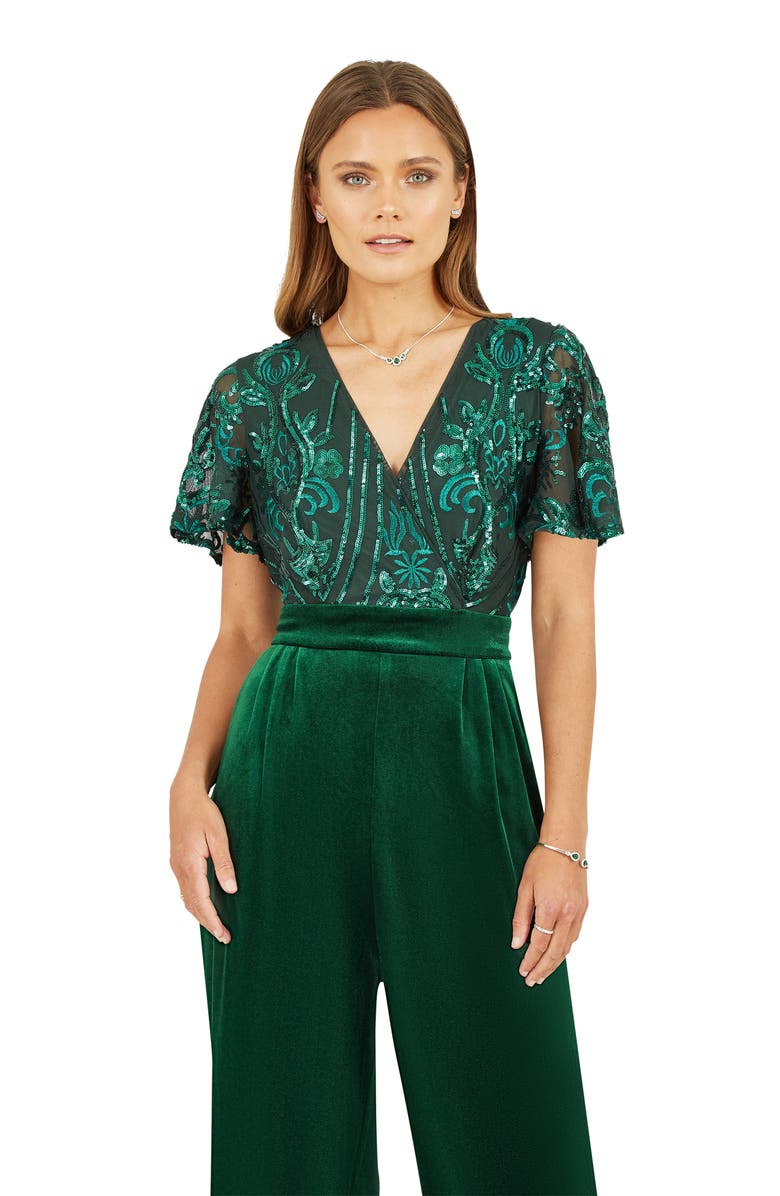 Yumi Wrap Sequin Embellished Velvet Jumpsuit, Alternate, color, Green