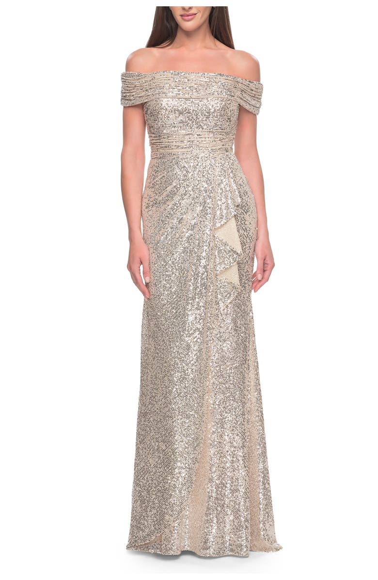 La Femme Off the Shoulder Sequin Gown with Ruching, Main, color, Silver