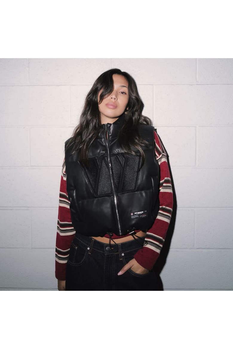Women's  Black Washington Commanders Faux Leather Cropped Puffer Vest, Alternate, color, Black