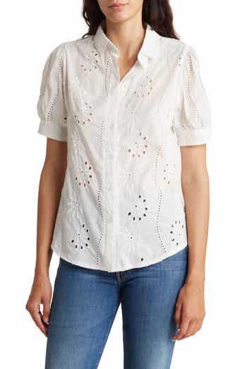 Embroidered Cotton Eyelet Short Sleeve Button-Up Shirt
