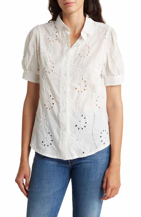 Embroidered Cotton Eyelet Short Sleeve Button-Up Shirt