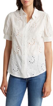 LIV LOS ANGELES Embroidered Cotton Eyelet Short Sleeve Button-Up Shirt