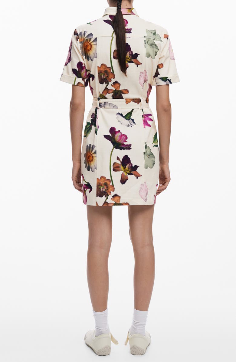 Desigual Floral Belted Mini Shirtdress, Alternate, color, Light Beige