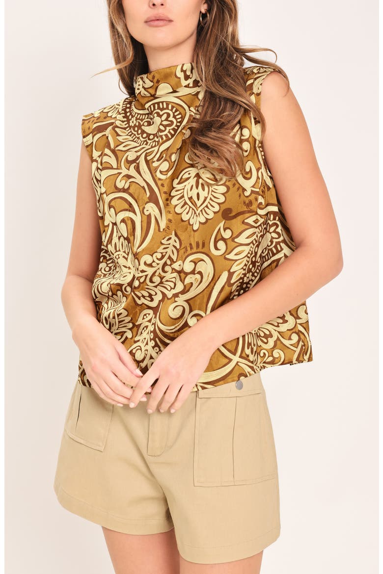 Mock Neck Sleeveless Print Top, Alternate, color, BROWN