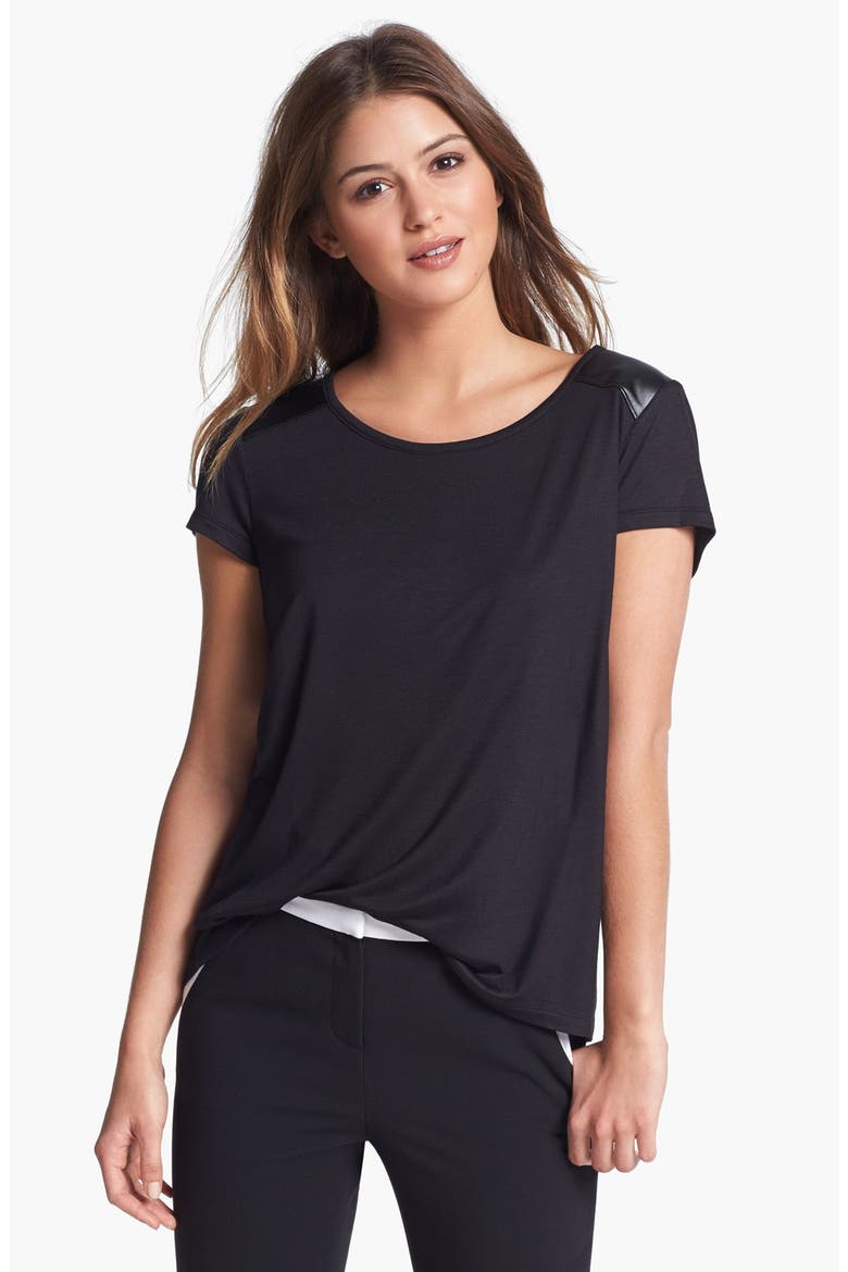 Faux Leather Yoke Tee, Main, color, BLACK
