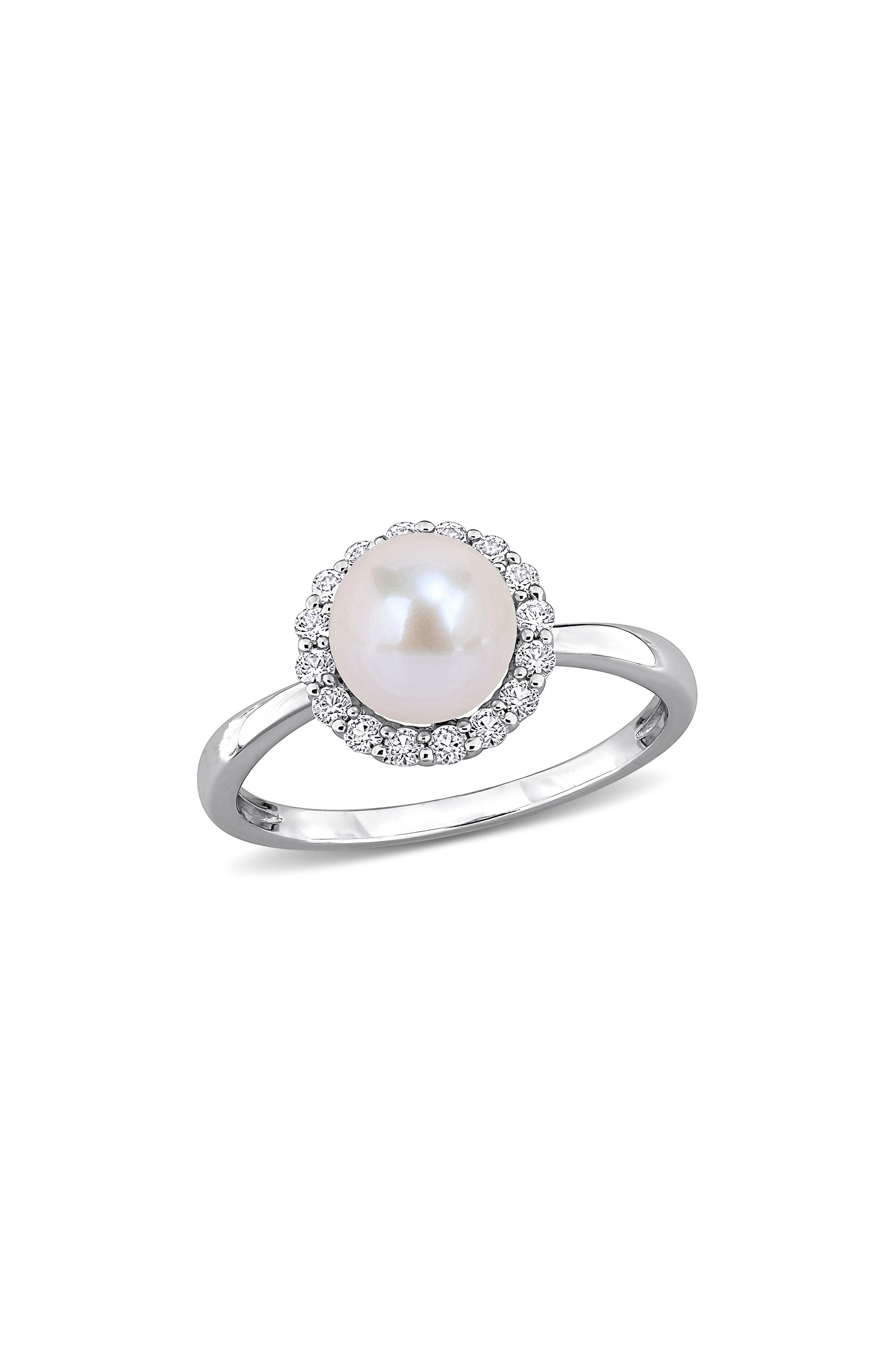 Cultured Pearl and Created White Sapphire Halo Ring