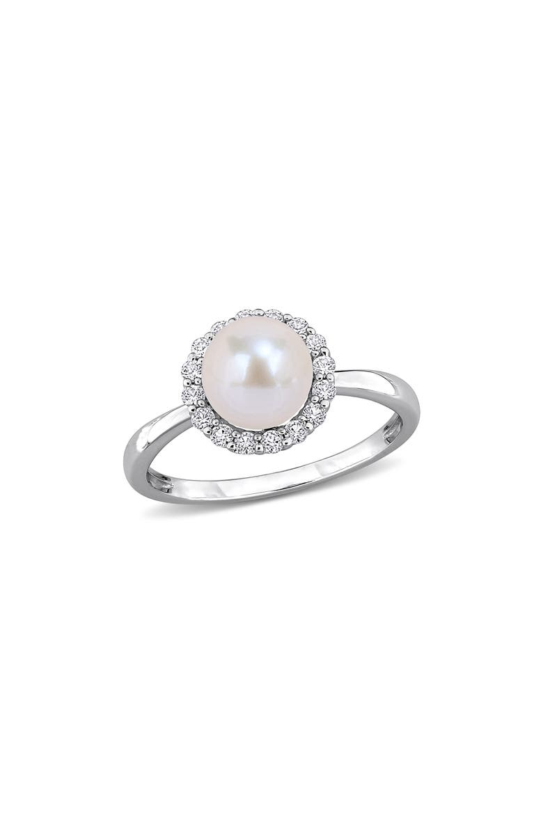 Cultured Pearl and Created White Sapphire Halo Ring, Main, color, WHITE