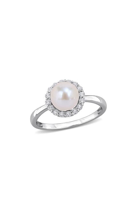 Cultured Pearl and Created White Sapphire Halo Ring