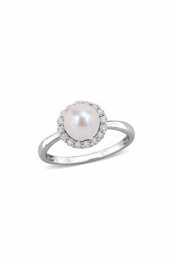 Cultured Pearl and Created White Sapphire Halo Ring