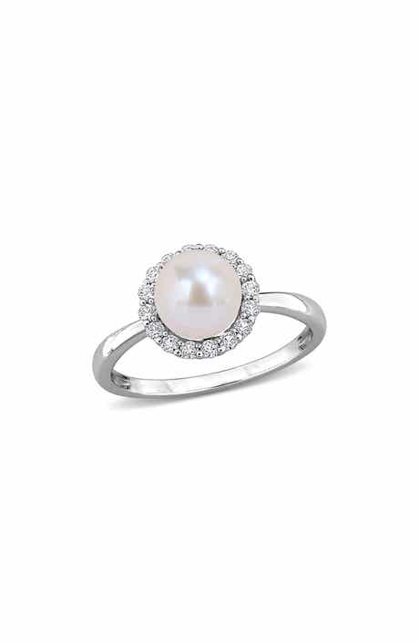 Cultured Pearl and Created White Sapphire Halo Ring