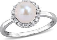DELMAR Cultured Pearl and Created White Sapphire Halo Ring