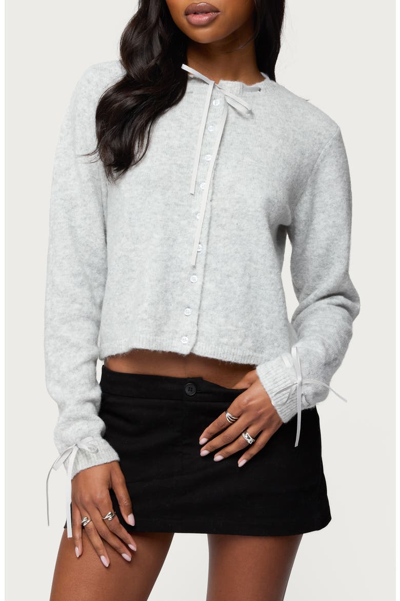 Vickie Ribbon Detail Crop Cardigan, Main, color, GRAY-MELANGE