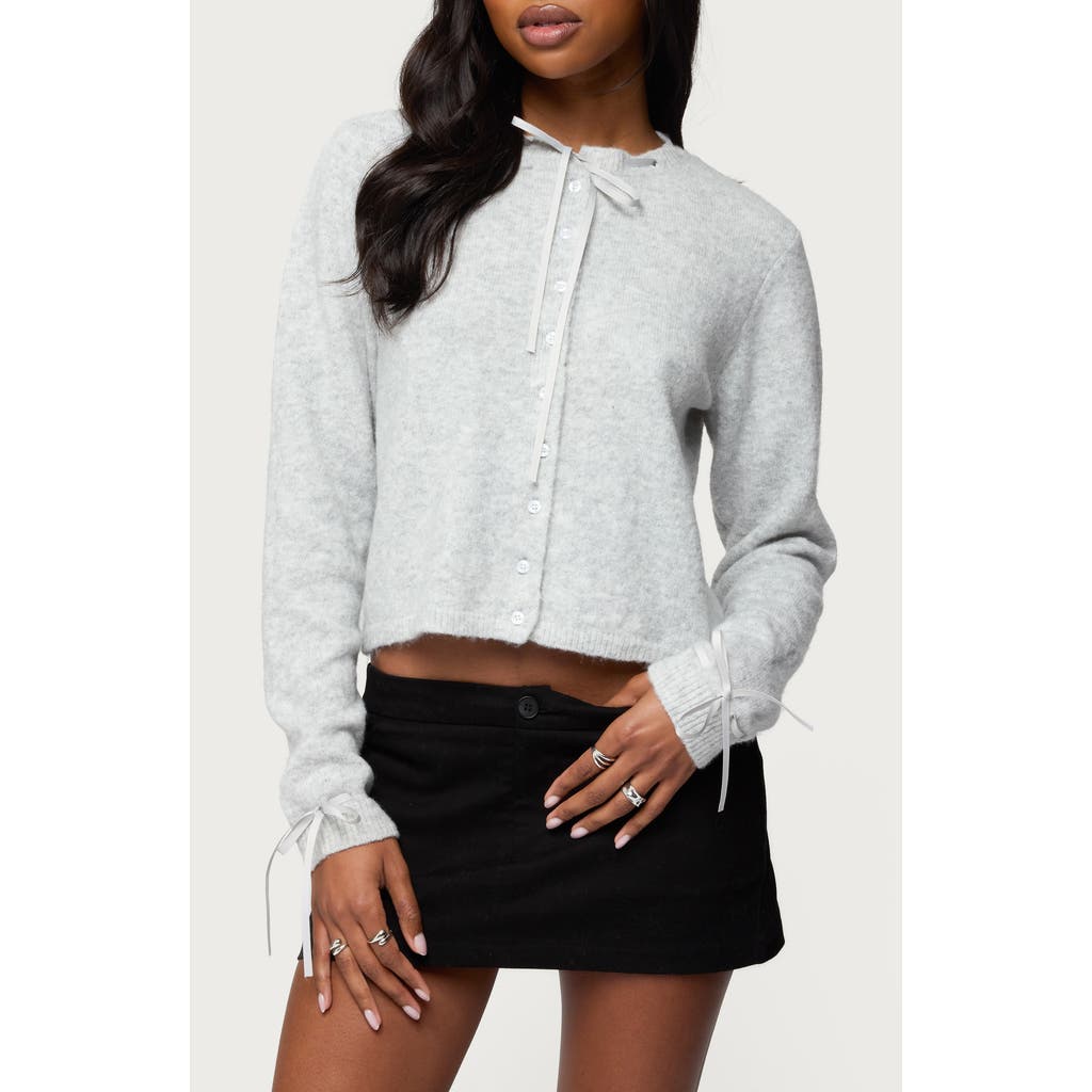 EDIKTED Vickie Ribbon Detail Crop Cardigan in Gray-Melange at Nordstrom, Size X-Small
