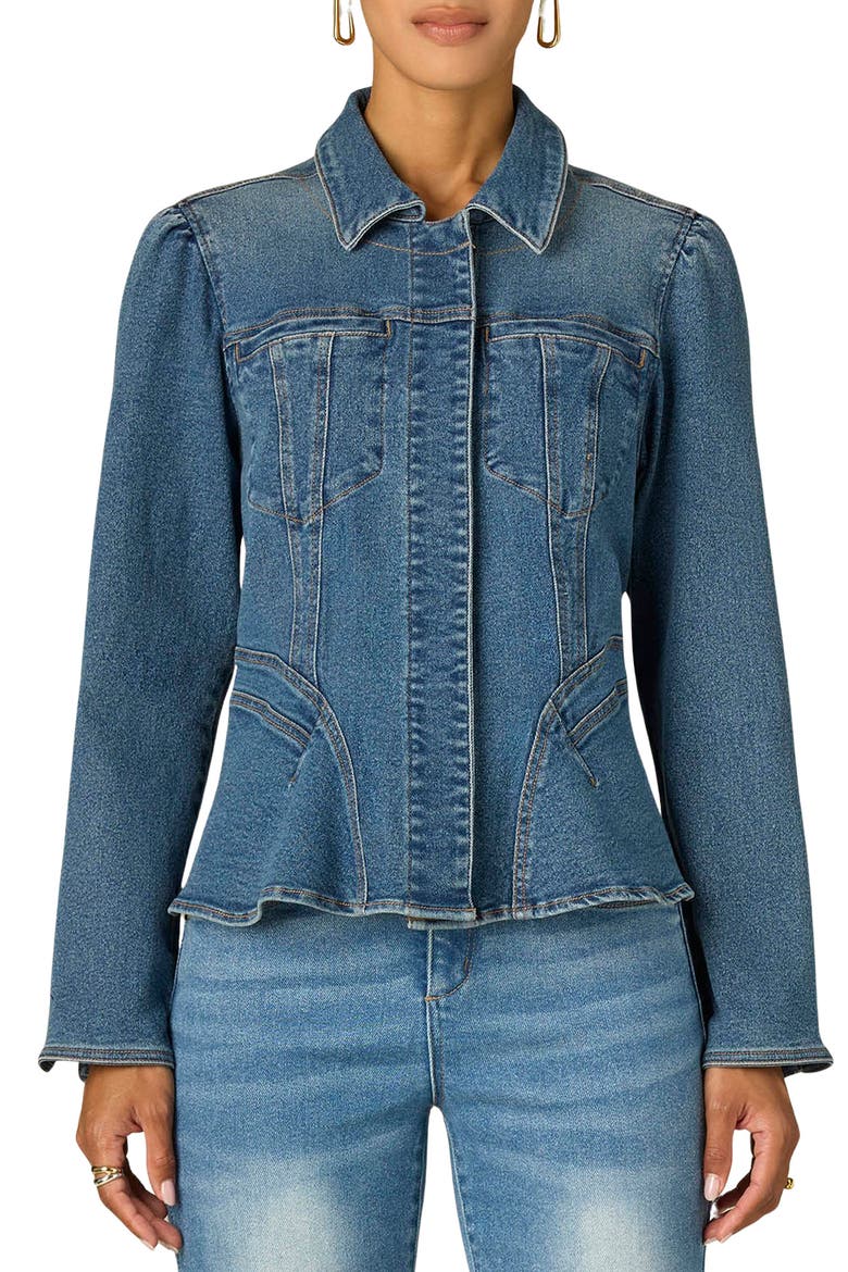 Peplum Denim Jacket, Main, color, MID BLUE