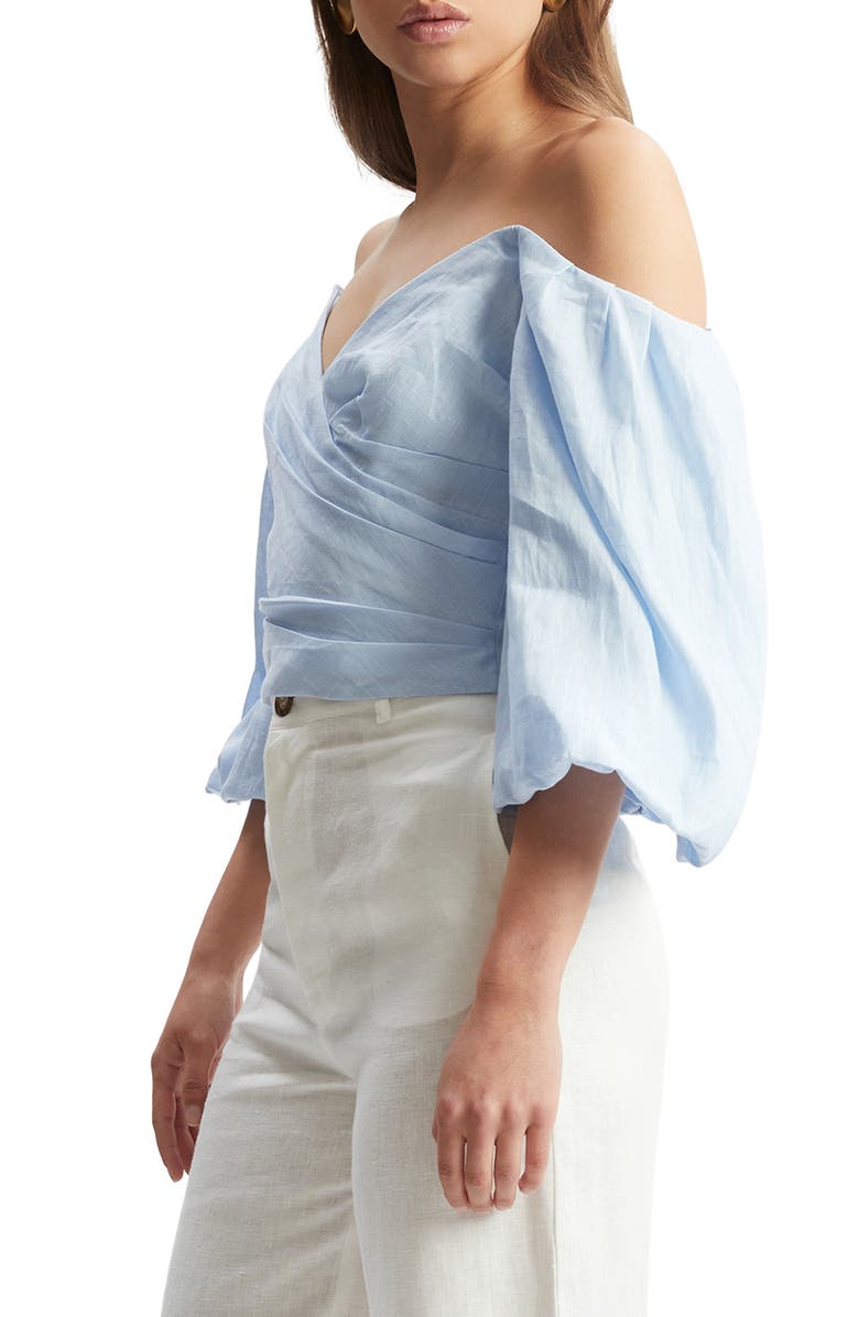 Bardot Eva Off the Shoulder Puff Sleeve Linen Crop Top, Alternate, color, 