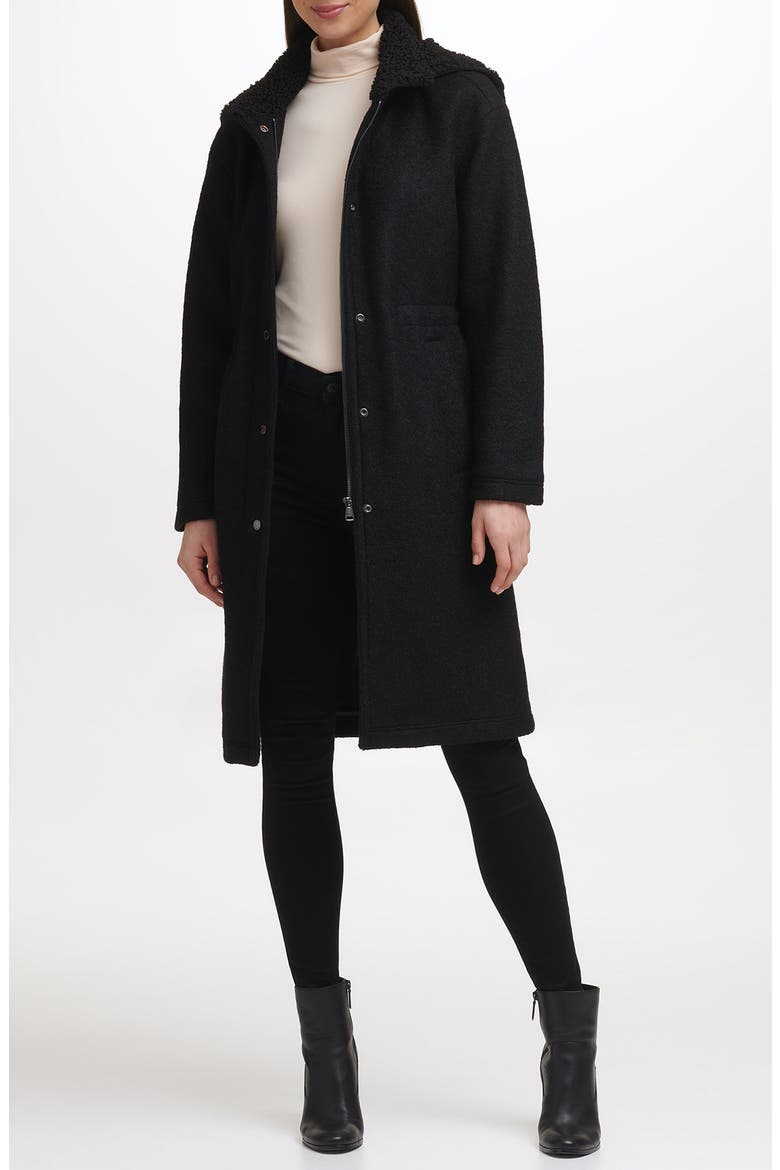 Faux Shearling Lined Hooded Boucle Wool Blend Anorak Jacket, Alternate, color, BLACK