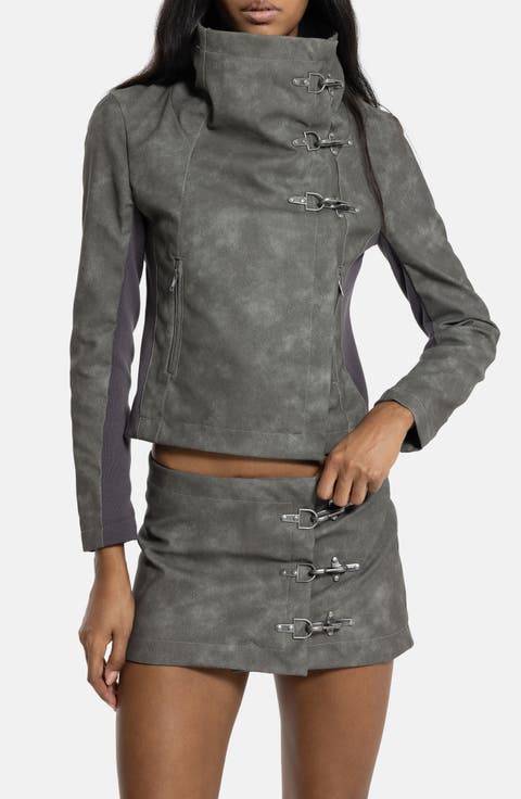 Funnel Neck Faux Leather Jacket