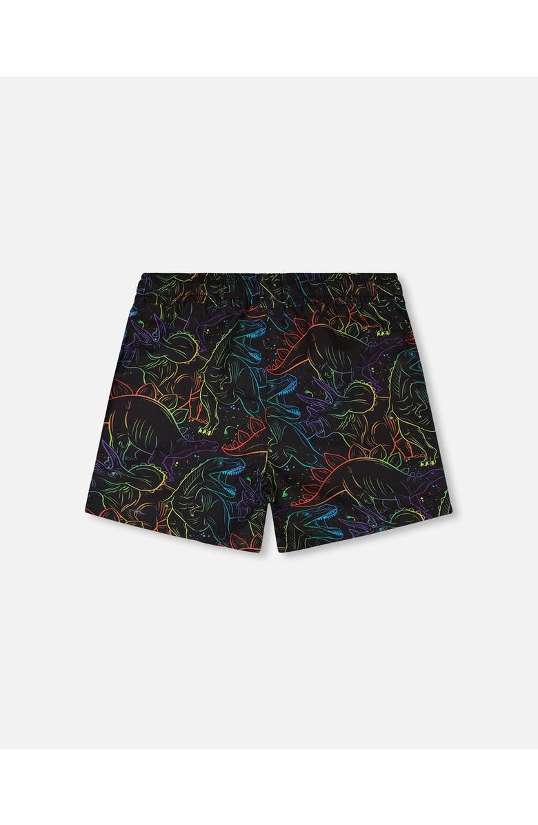Deux par Deux Above the Knee Elastic Waist Dinosaur Swim Trunks, Alternate, color, Black Dinosaur Print