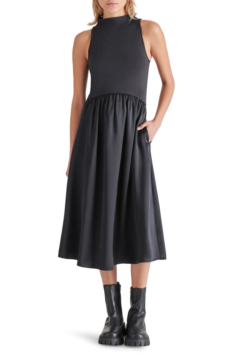 Aradia Mixed Media Midi Dress, Main, color, BLACK