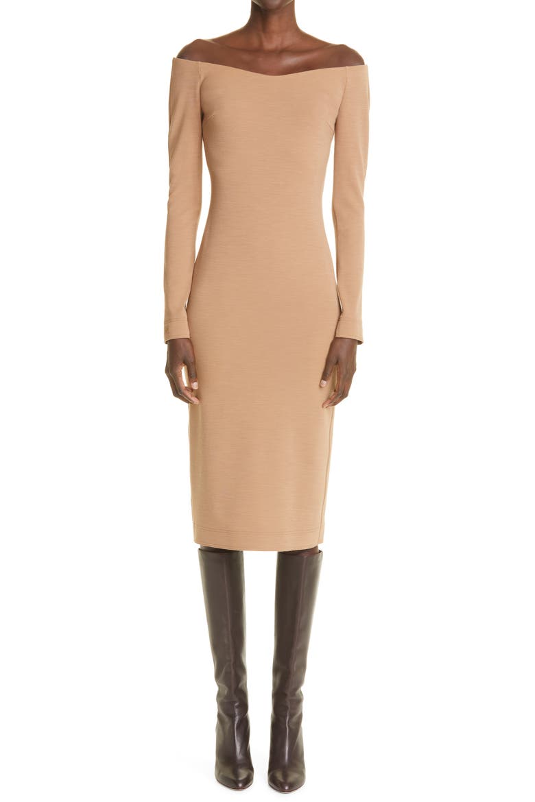Long Sleeve Wool Blend Midi Dress, Main, color, CAMEL
