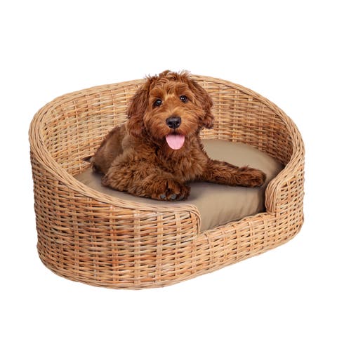 Curvy Classic Handwoven Rattan Pet Bed with Machine-Washable Cushion