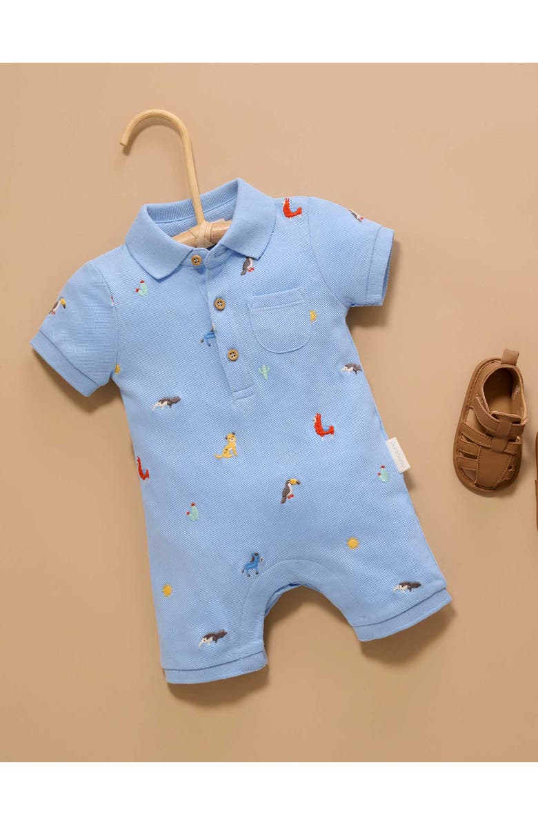 Purebaby Embroidered Polo Romper, Alternate, color, Animal Fiesta Broderie