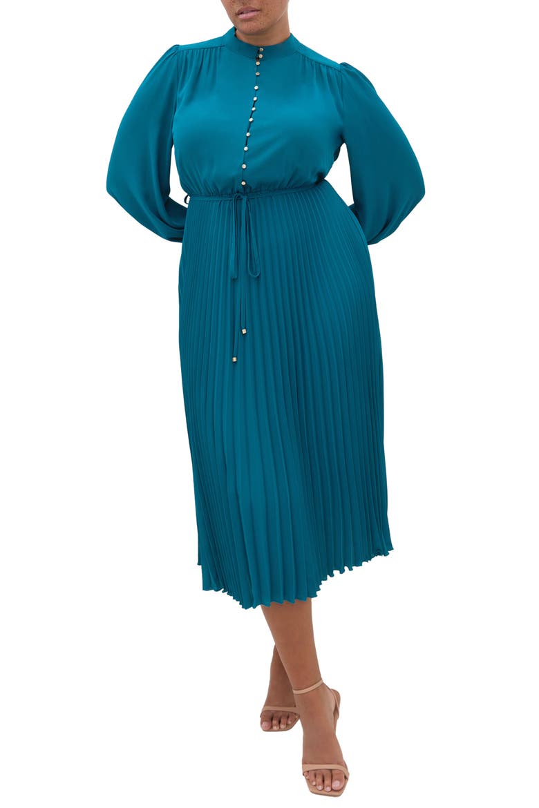 Halle Long Sleeve Pleated Maxi Dress, Main, color, JADE