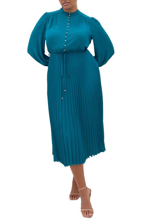 Halle Long Sleeve Pleated Maxi Dress (Plus)