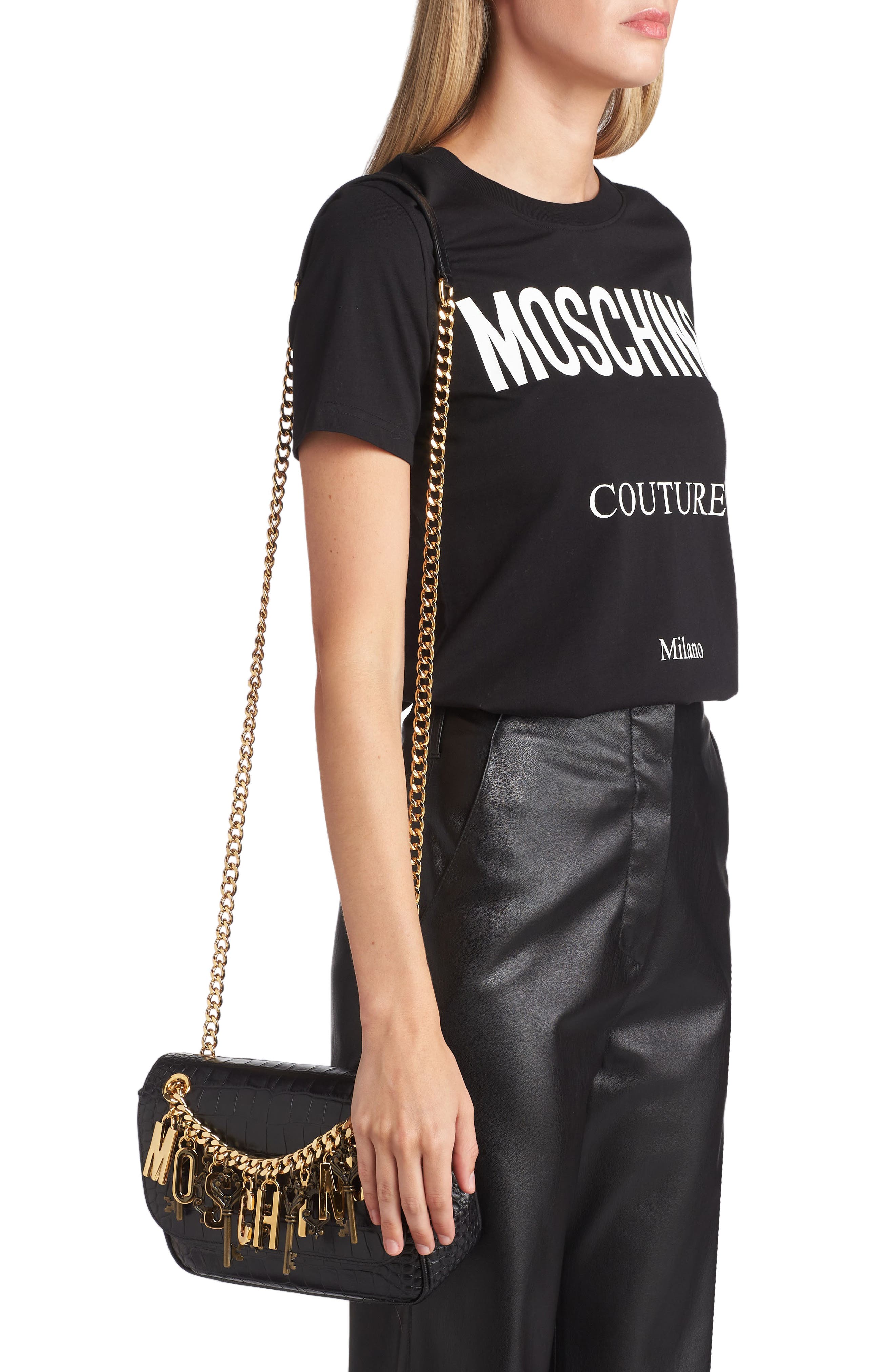 Moschino Logo Chain Croc Embossed Leather Crossbody Bag, Alternate, color, 
