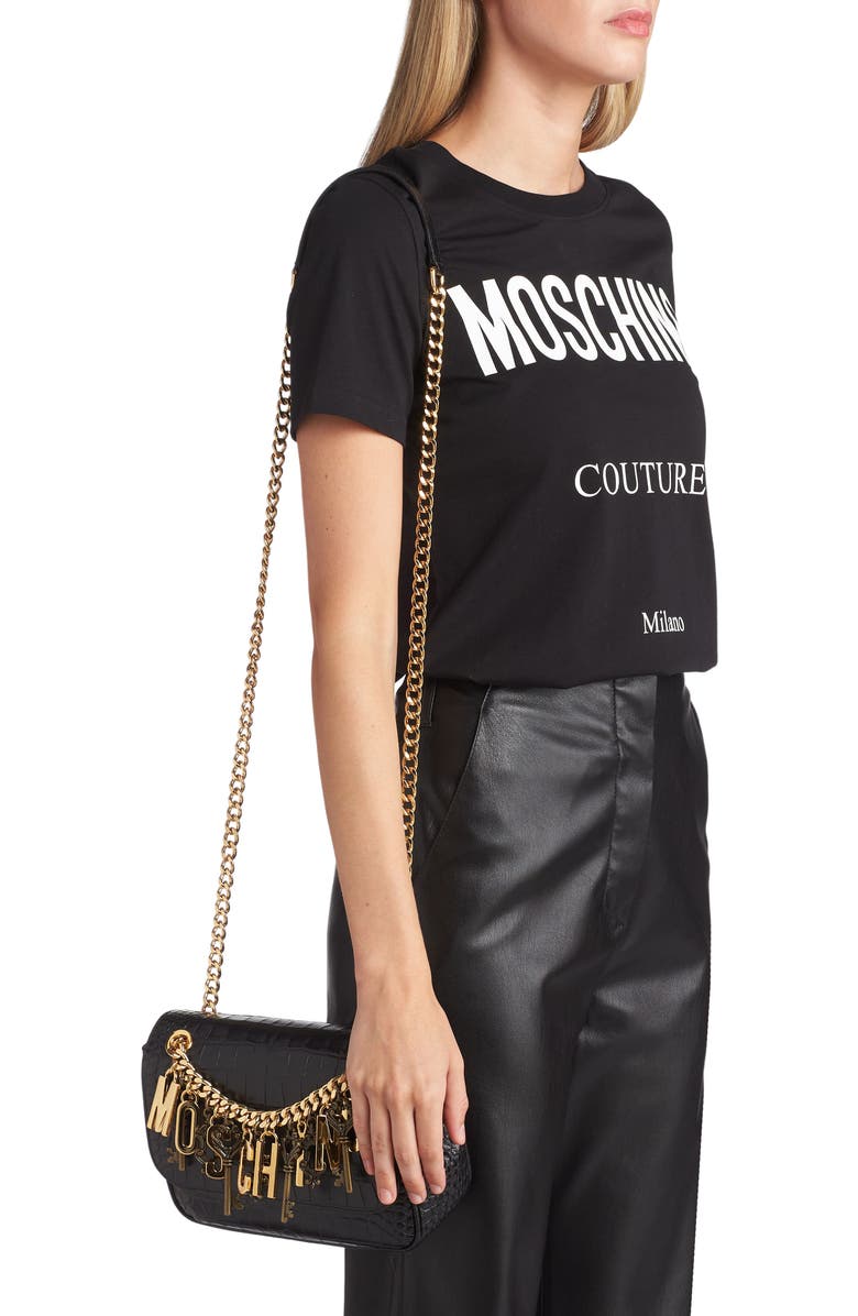 Moschino Logo Chain Croc Embossed Leather Crossbody Bag, Alternate, color,