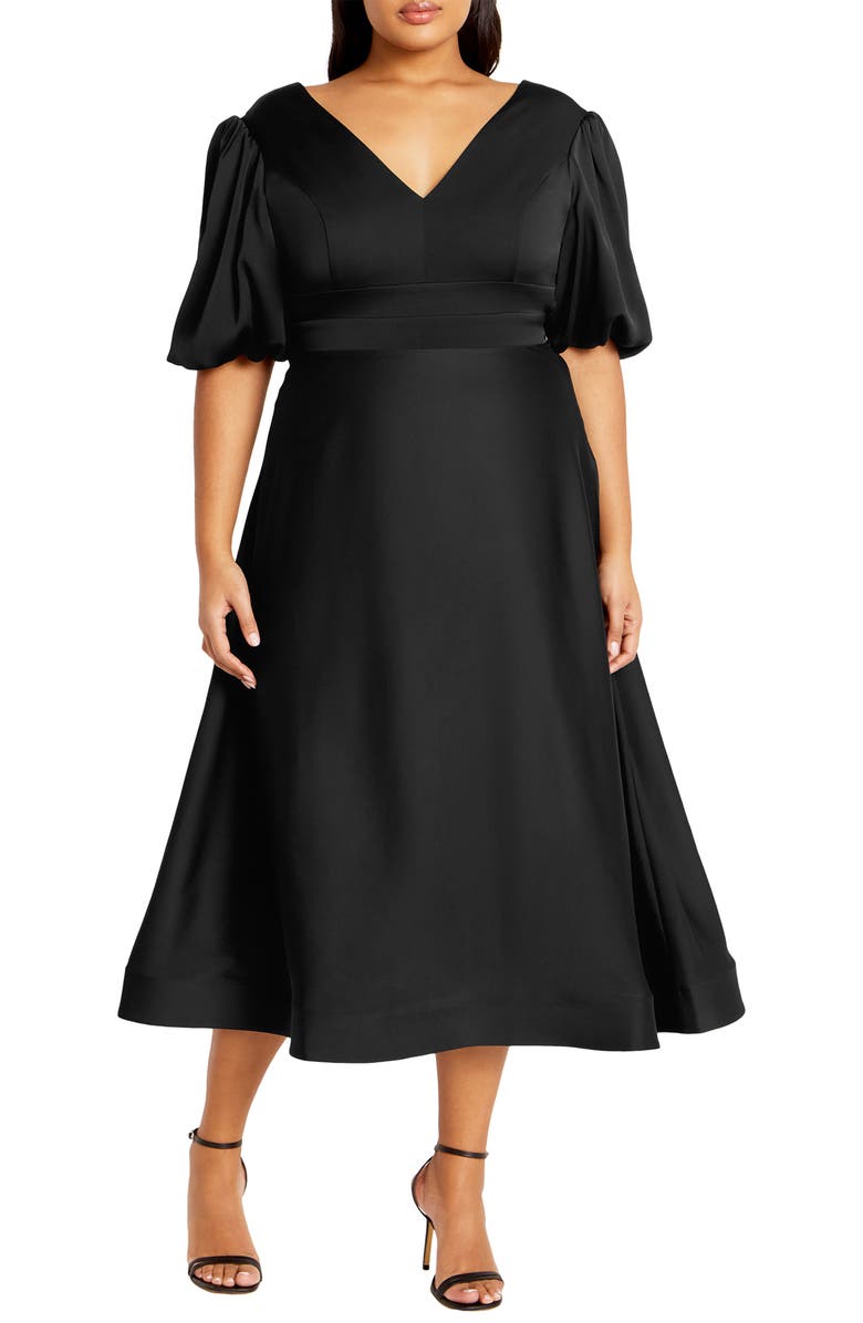 City Chic Lula Puff Sleeve Back Bow Midi Dress, Main, color, 