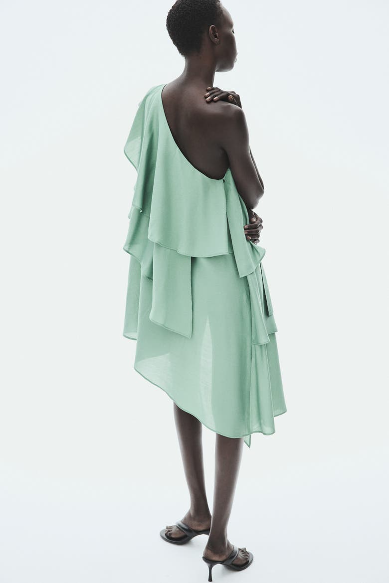 Flounced One-shoulder Dress, Alternate, color, Dusty green