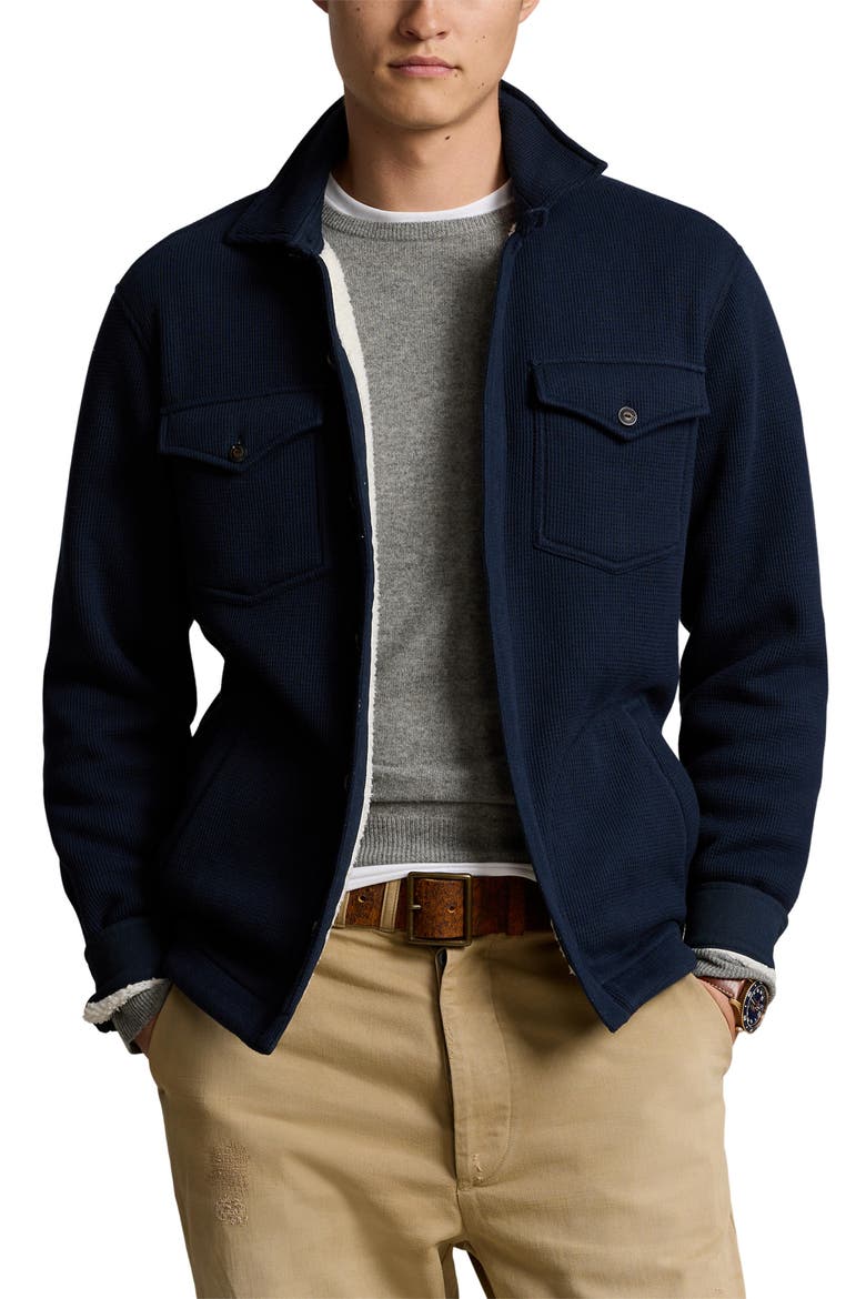 Waffle Stitch Shirt Jacket with Faux Shearling Lining, Main, color, AVIATOR NAVY