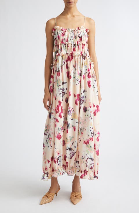 Clove Floral Tiered Silk Chiffon Dress