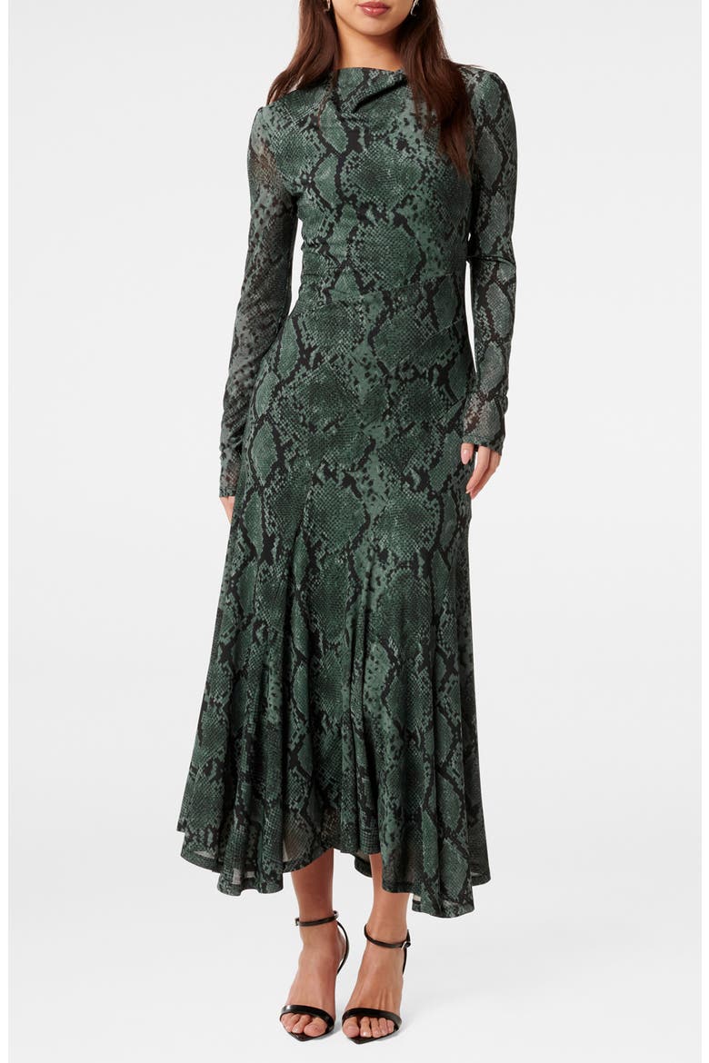 Tammy Asymmetrical Hem Midi Dress, Main, color, GREEN SEPIA SNAKE