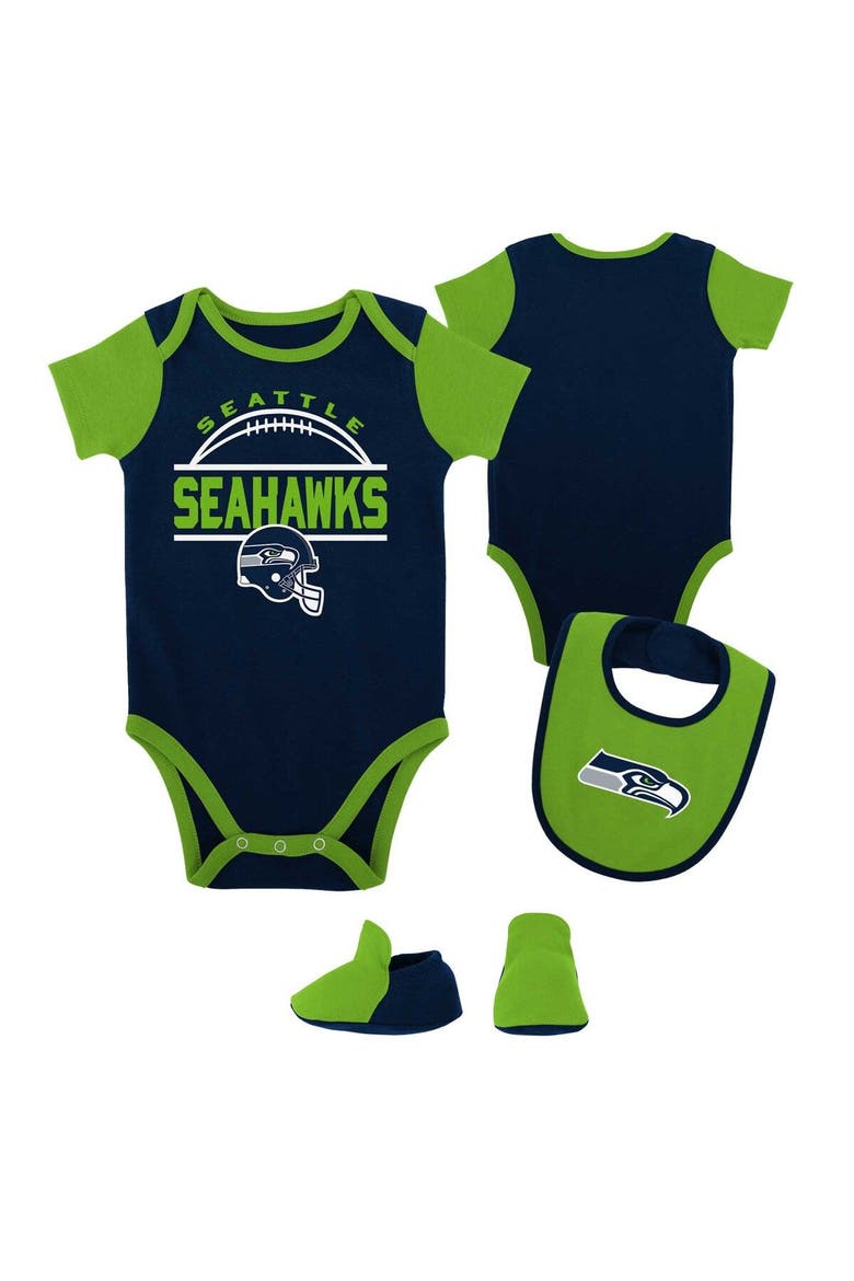 Newborn & Infant College Navy/Neon Green Seattle Seahawks Home Field Advantage Three-Piece Bodysuit, Bib & Booties Set, Main, color, Navy