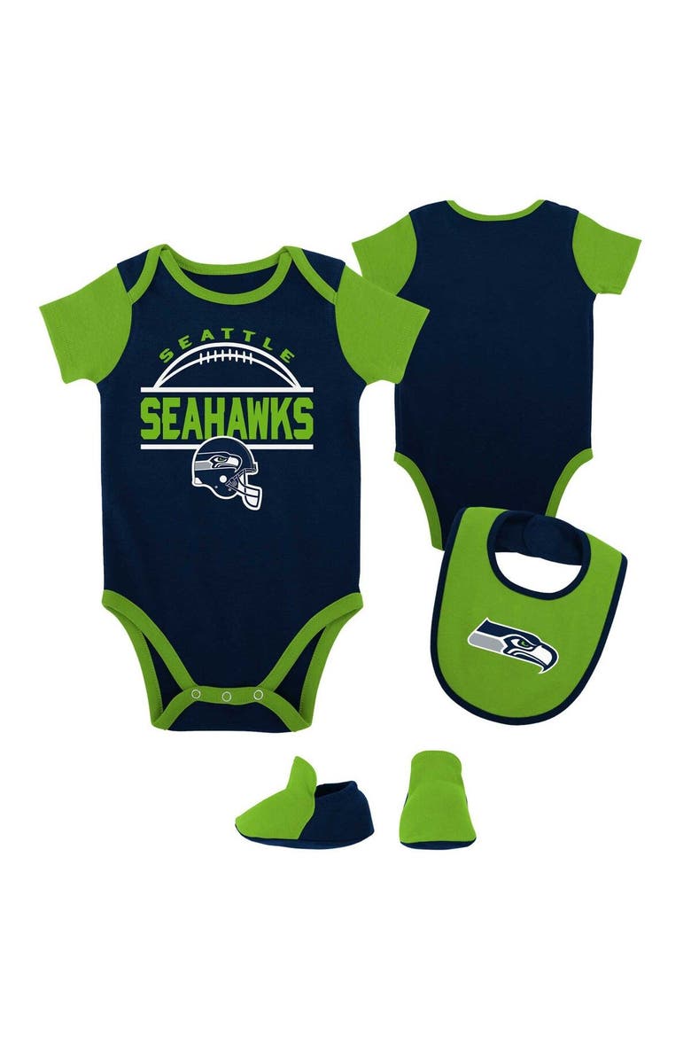Outerstuff Newborn & Infant College Navy/Neon Green Seattle Seahawks Home Field Advantage Three-Piece Bodysuit, Bib & Booties Set, Main, color, 