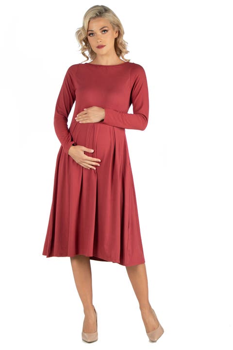 Maternity Midi Length Fit and Flare Pocket Dress