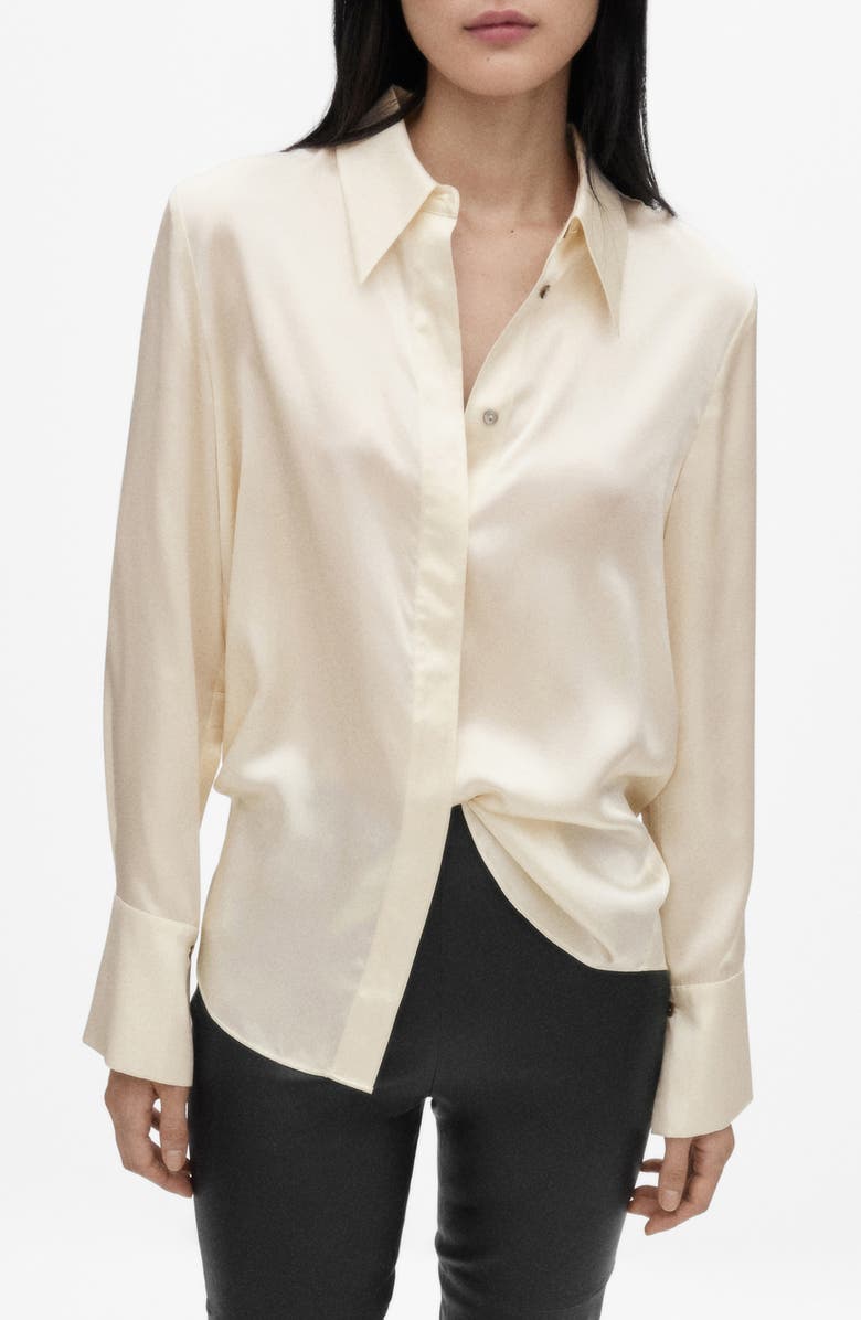 MANGO Silk Satin Button-Up Shirt, Main, color, Off White