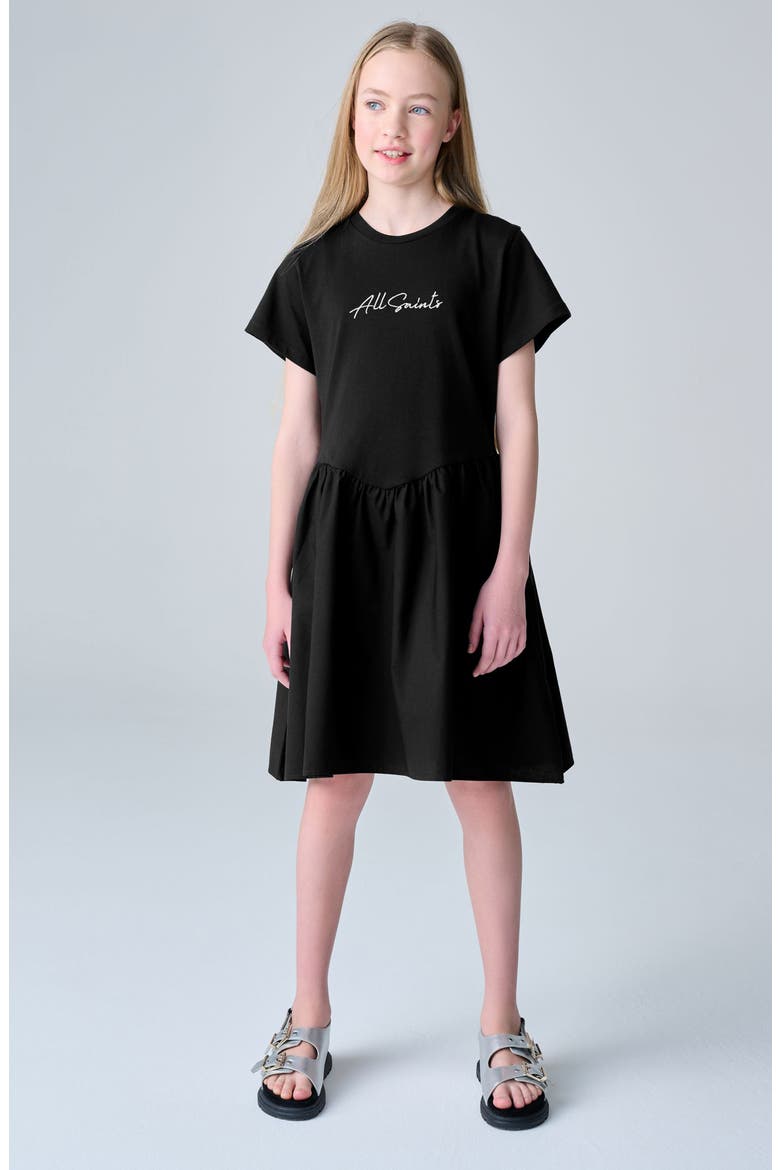Kids' Script Logo Chevron Waist T-Shirt Dress, Alternate, color, BLACK