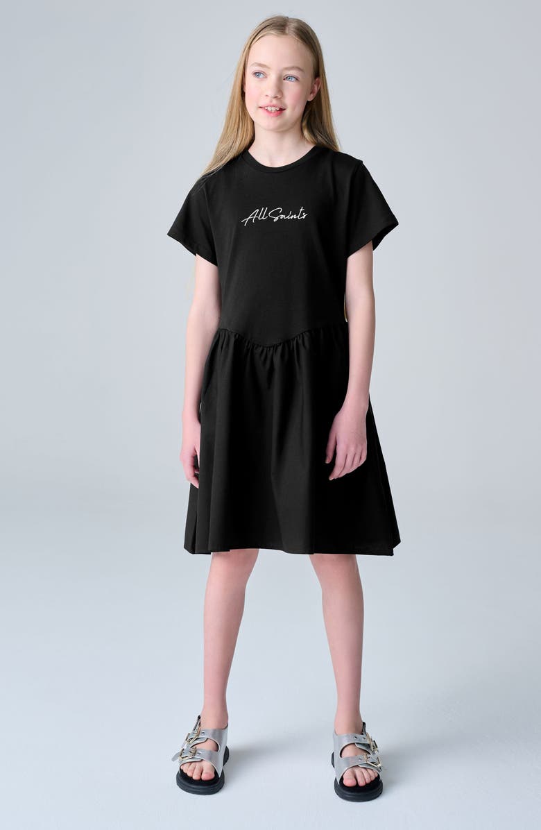 smALLSAINTS by ALLSAINTS Kids' Script Logo Chevron Waist T-Shirt Dress, Alternate, color, Black