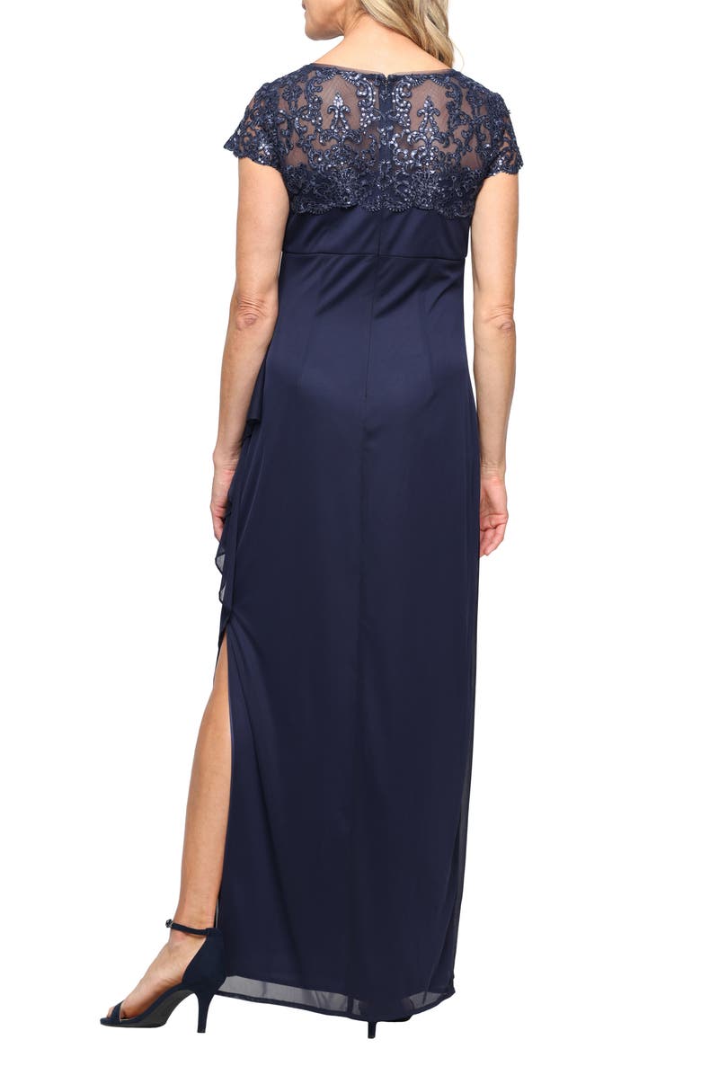 Alex Evenings Sequin Mesh Satin Gown, Alternate, color, Navy