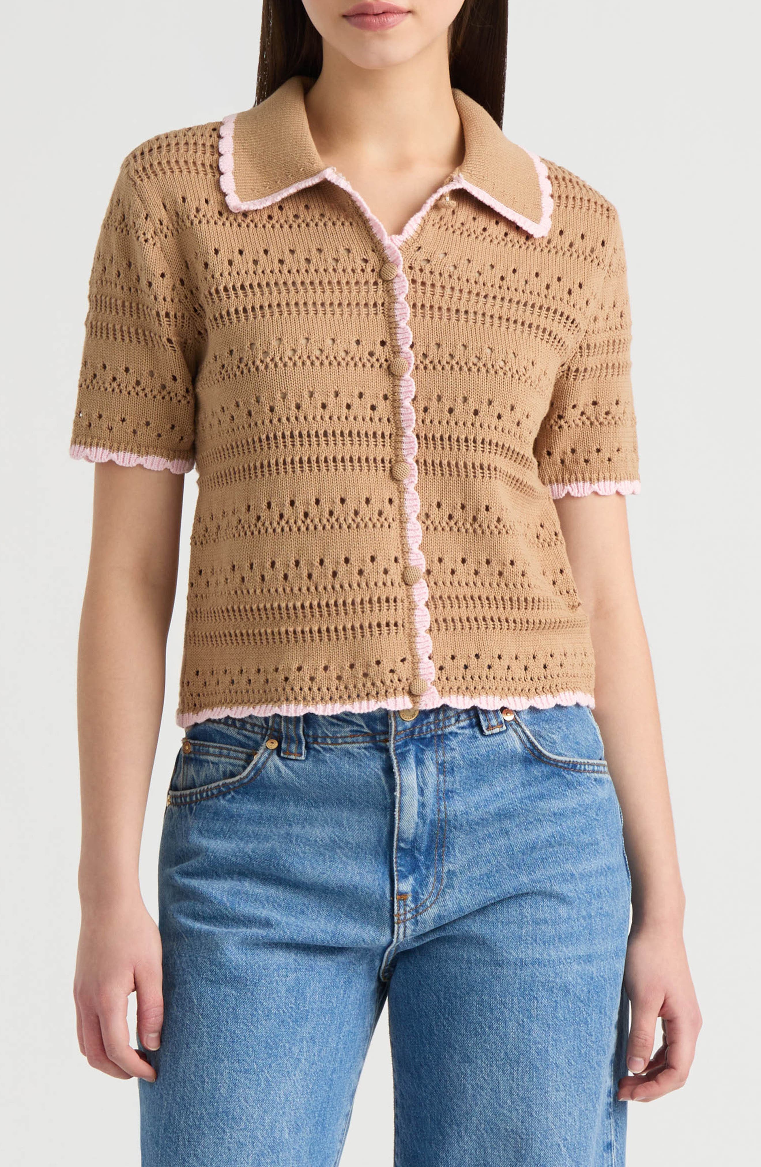 Scalloped Short Sleeve Crochet Cardigan