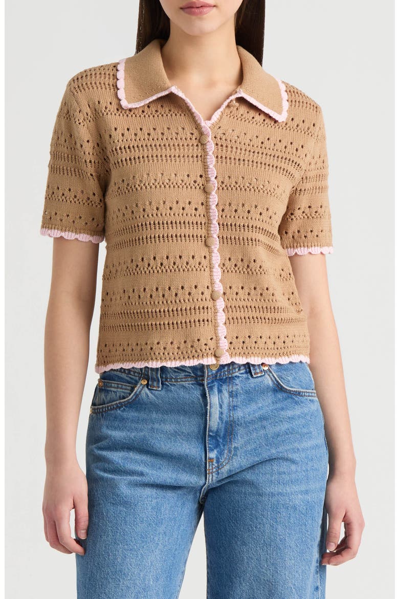 Scalloped Short Sleeve Crochet Cardigan, Main, color, CAMEL