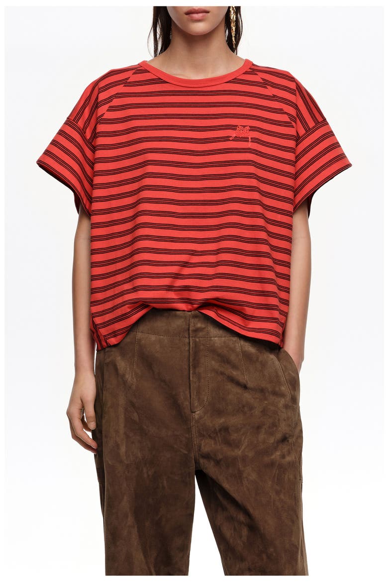 Striped Cropped T-shirt With Embroidered Logo, Main, color, RED