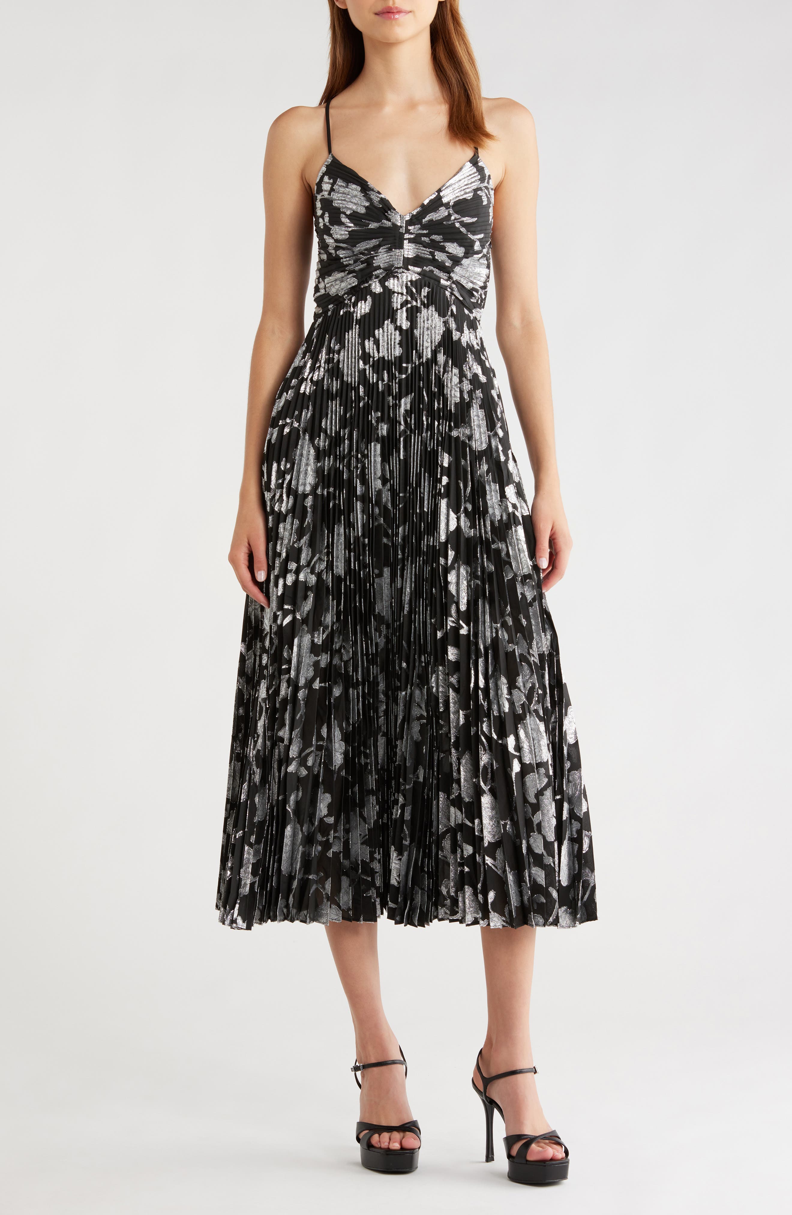ASTR the Label Saoirse Floral Metallic Pleated Mini Dress