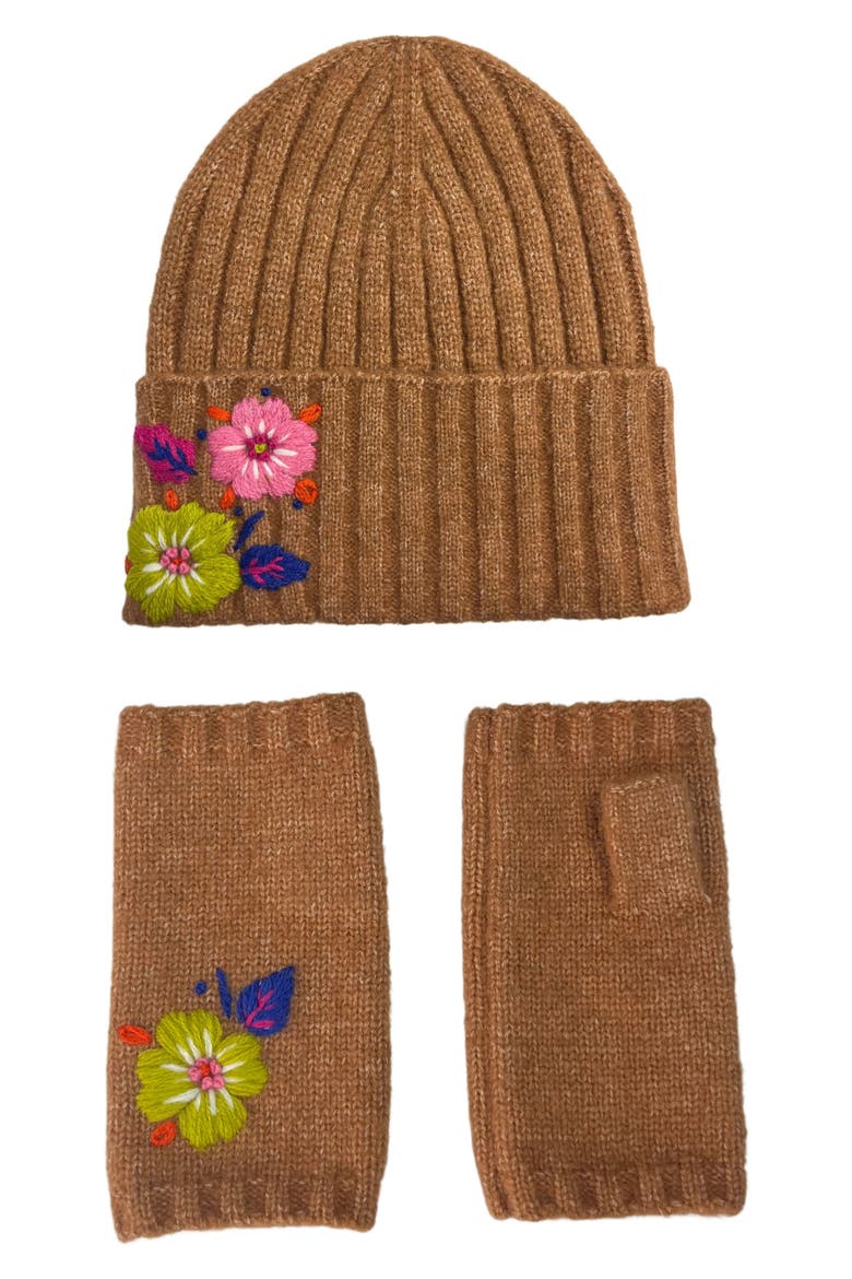 Floral Beanie & Arm Warmers Set, Main, color, BROWN