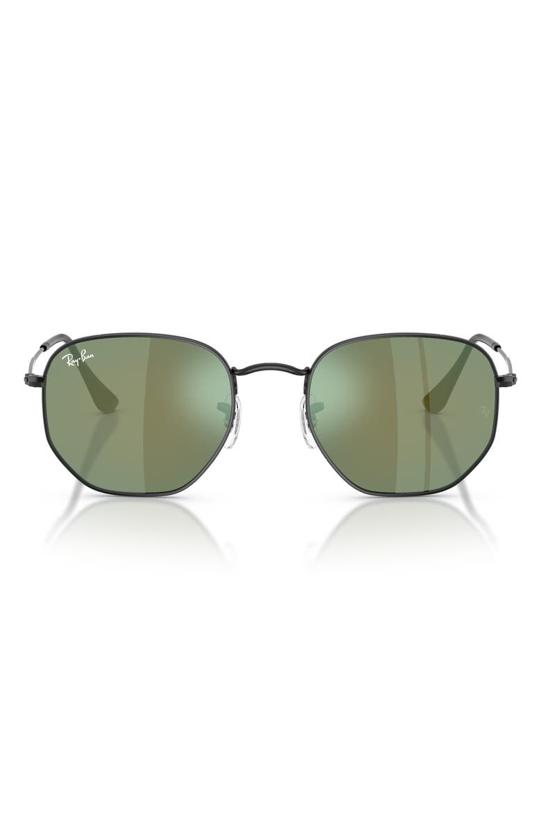 Ray-Ban 54mm Hexagonal Flat Lens Sunglasses, Main, color, Black / Grey Mirror Blu-Green